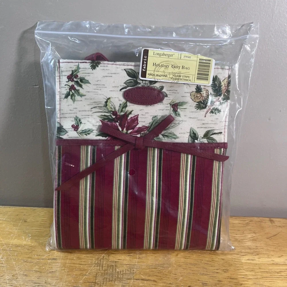 Longaberger‎ Holiday Gift Bag Vtg Holiday Stripe Botanical Fabric Tote 23540 NEW